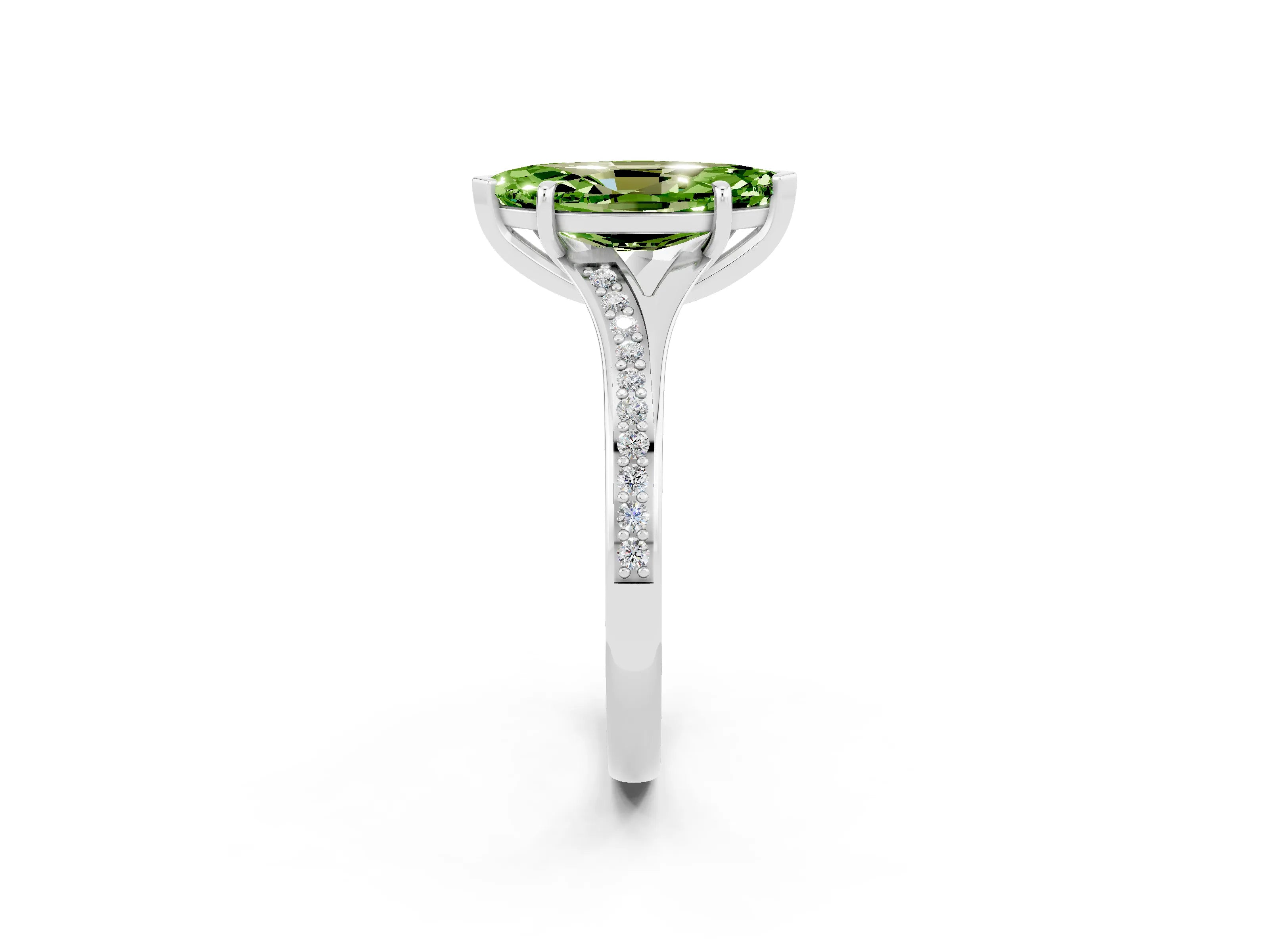 Platinum Marquise Cut Peridot Solitaire Ring with Pavé Band and Prong Setting_14
