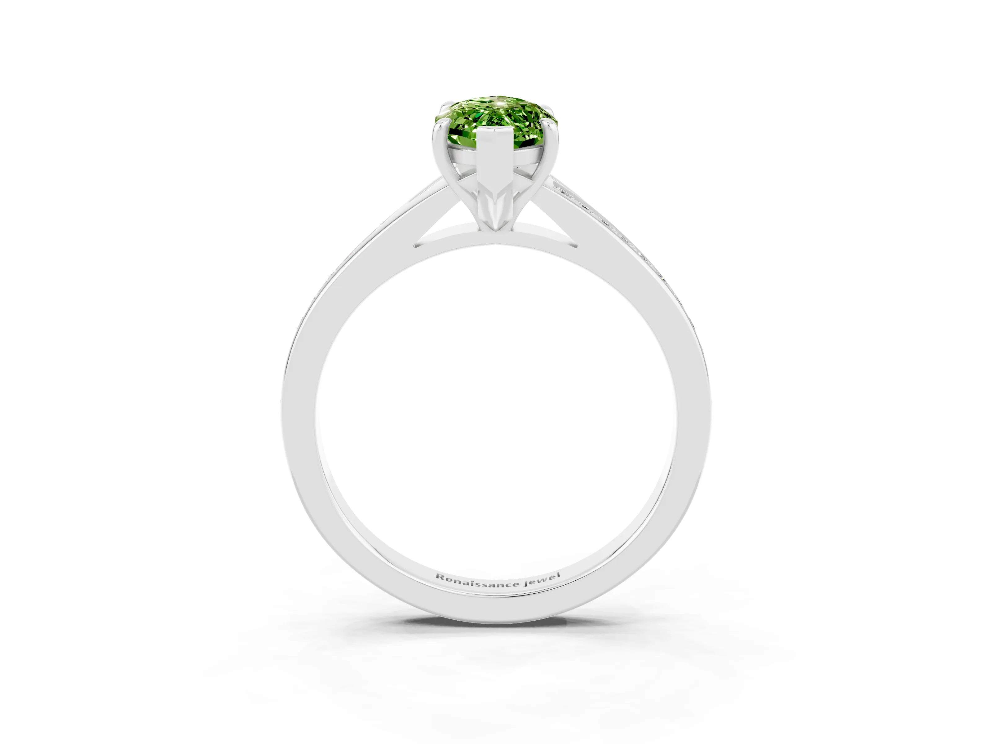 Platinum Marquise Cut Peridot Solitaire Ring with Pavé Band and Prong Setting_15