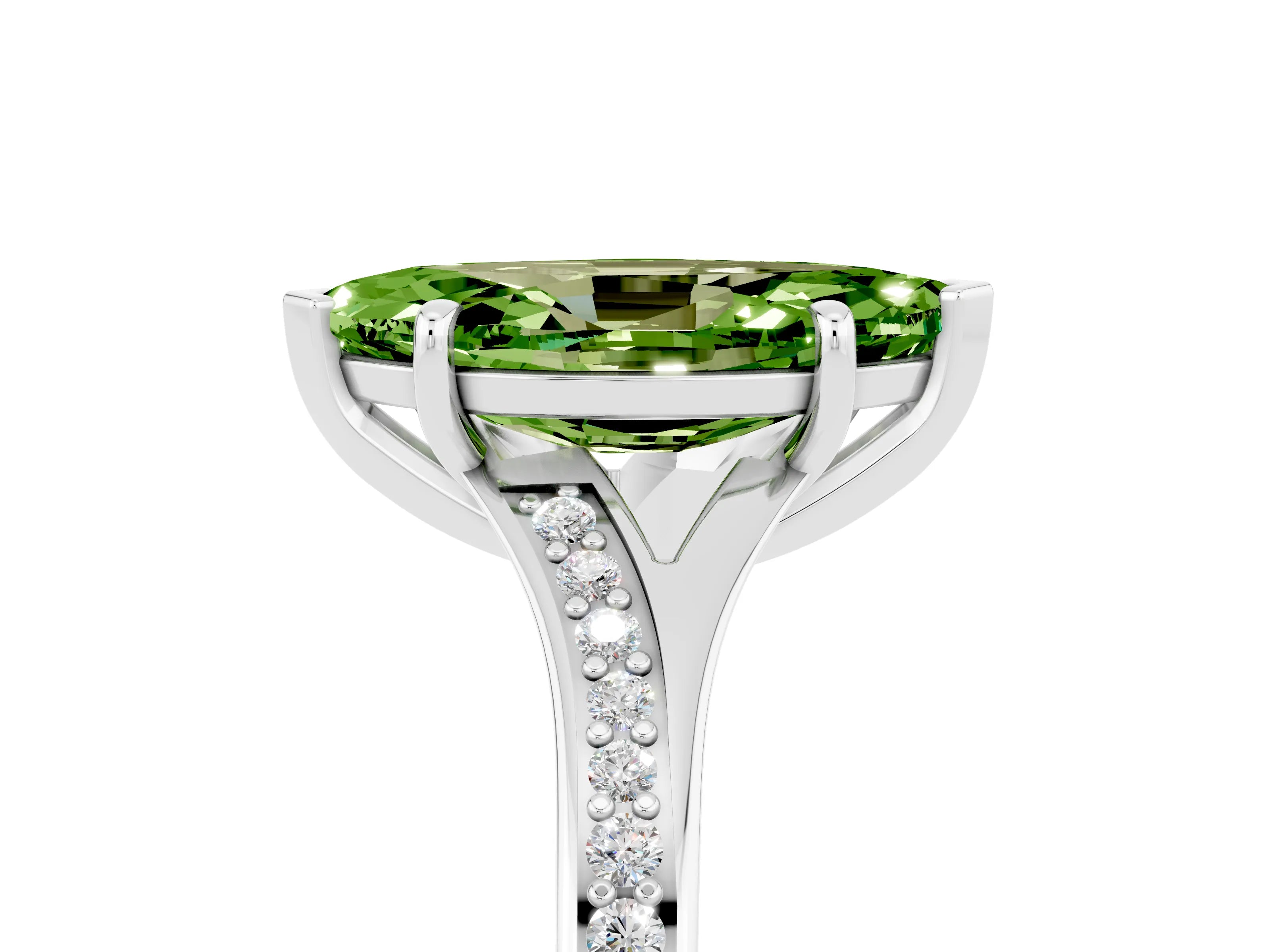 Platinum Marquise Cut Peridot Solitaire Ring with Pavé Band and Prong Setting_17