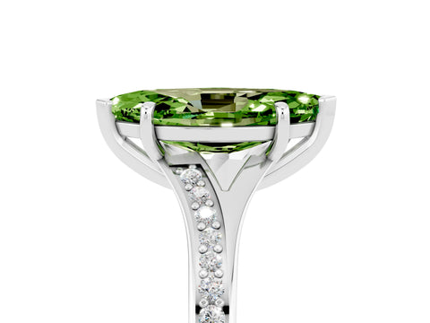 Platinum Marquise Cut Peridot Solitaire Ring with Pavé Band and Prong Setting_17