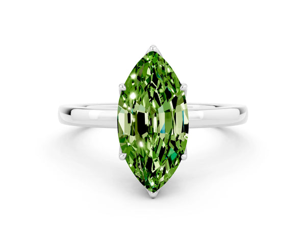 Platinum Marquise Cut Peridot Solitaire Ring with Thin Band and Prong Setting