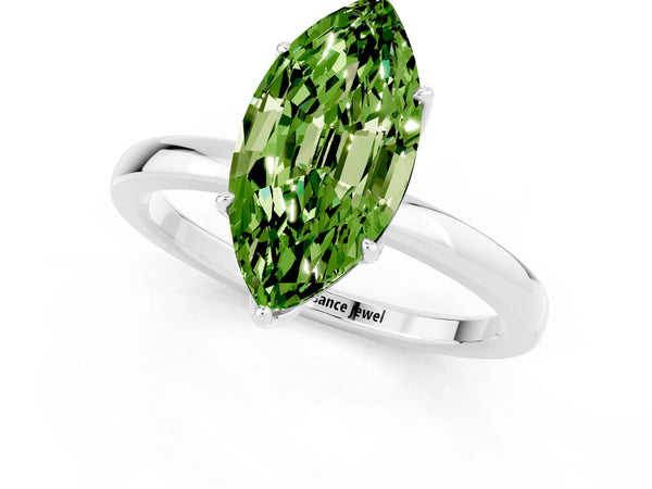 Platinum Marquise Cut Peridot Solitaire Ring with Thin Band and Prong Setting