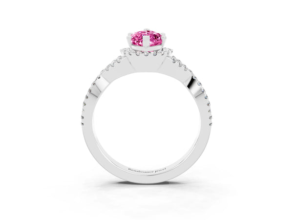 Platinum Marquise Cut Pink Sapphire  Halo Twist Band Solitaire Prong Setting Ring