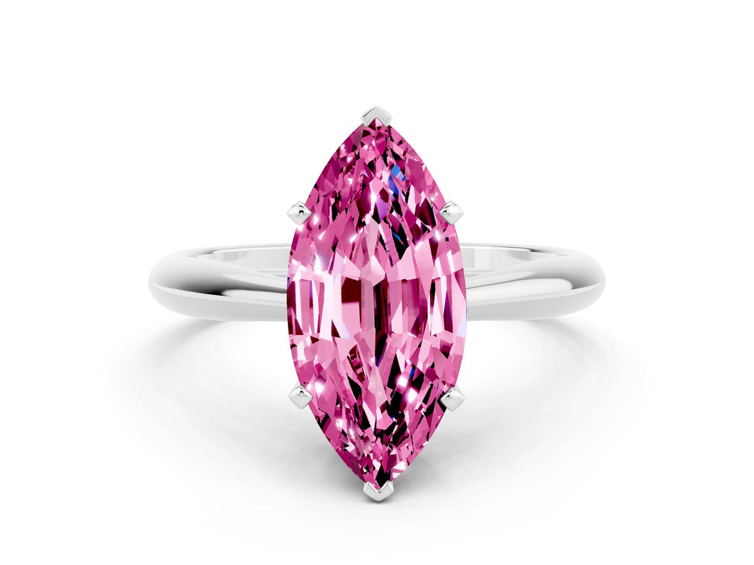 Platinum Marquise Cut Pink Sapphire Solitaire Engagement Ring with Cathedral Setting and Four-Prong Mount
