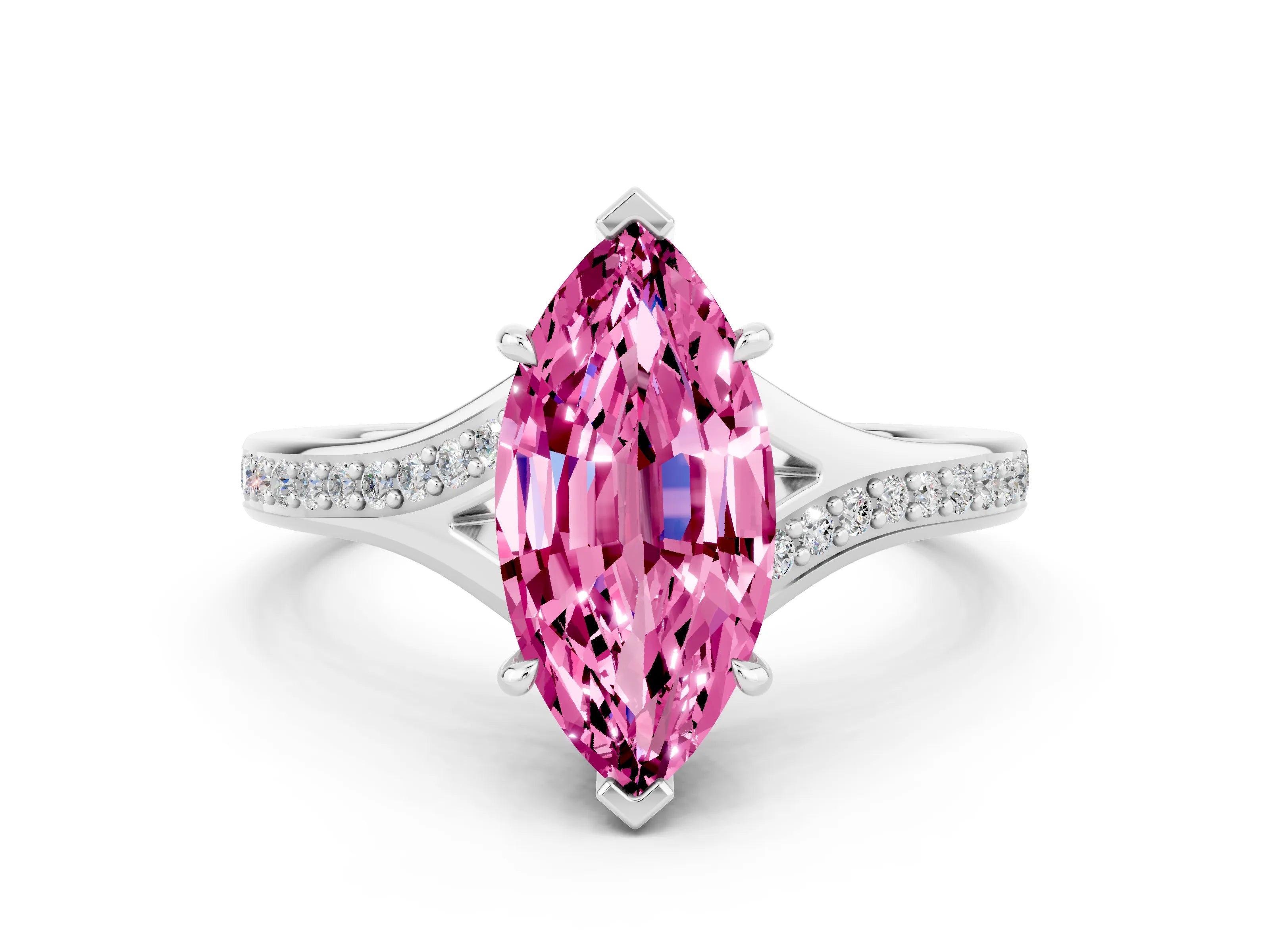 Platinum Marquise Cut Pink Sapphire Solitaire Ring with Pavé Band and Prong Setting_12