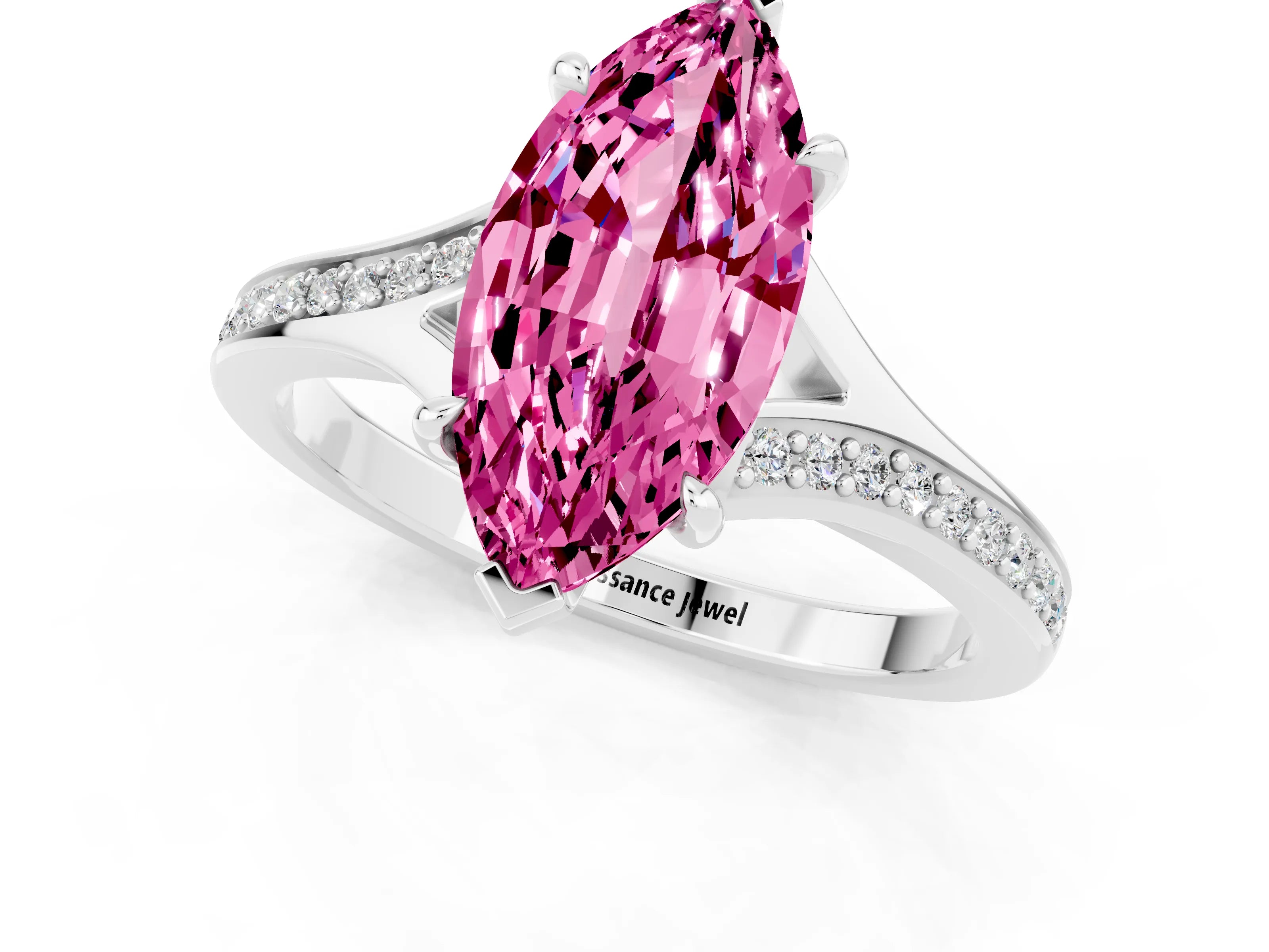 Platinum Marquise Cut Pink Sapphire Solitaire Ring with Pavé Band and Prong Setting_13