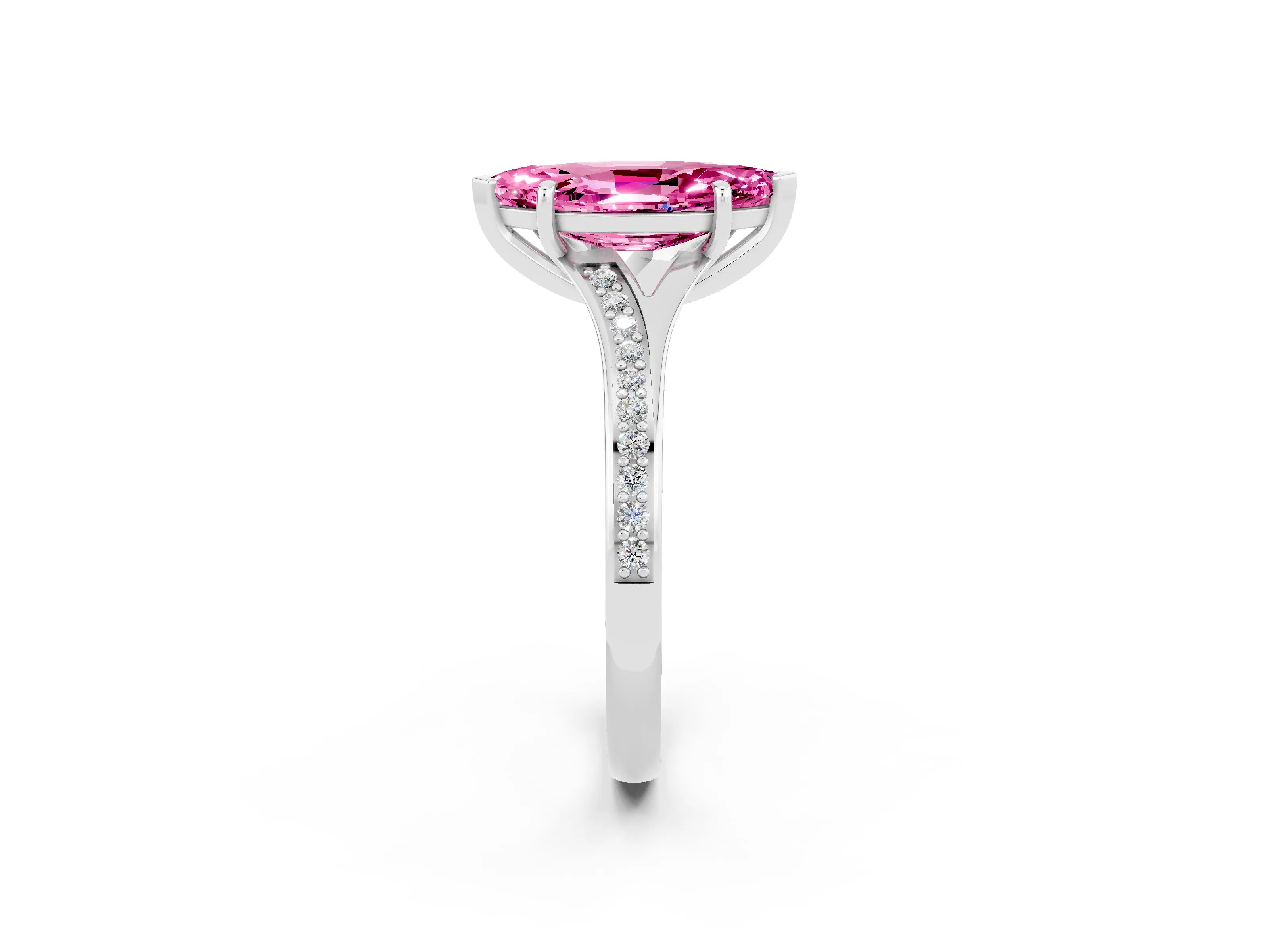 Platinum Marquise Cut Pink Sapphire Solitaire Ring with Pavé Band and Prong Setting_14