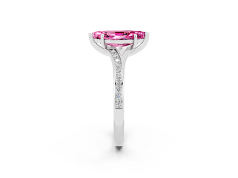 Platinum Marquise Cut Pink Sapphire Solitaire Ring with Pavé Band and Prong Setting_14