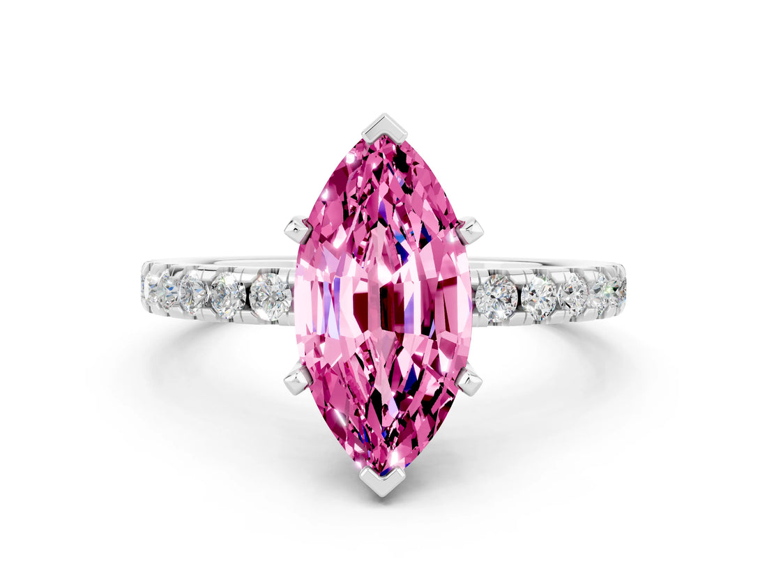 Platinum Marquise Cut Pink Sapphire Solitaire Ring with Round  Pavé Band and Four-Prong Setting_36