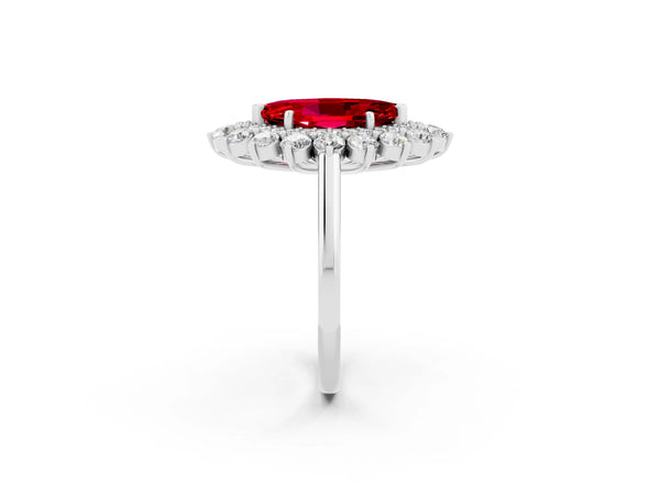 Platinum Marquise Lab-Grown Ruby Floral Double Halo Engagement Ring with Plain Band