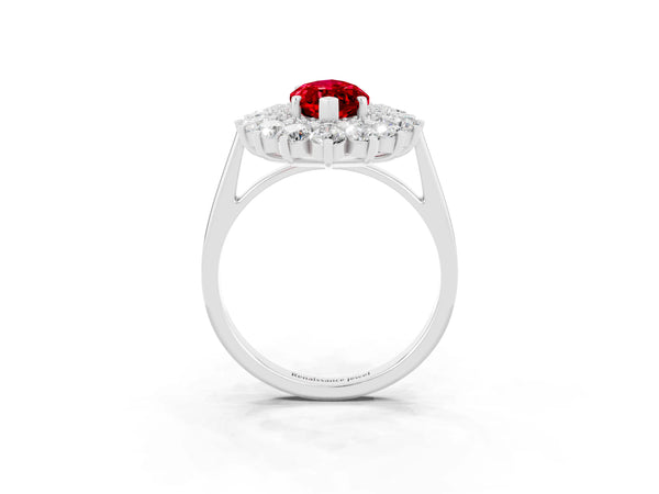 Platinum Marquise Lab-Grown Ruby Floral Double Halo Engagement Ring with Plain Band