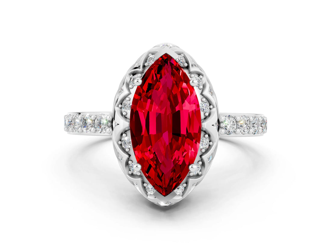 Platinum Marquise Cut Ruby Scalloped Halo Engagement Ring with Round Shared Prong Band_60