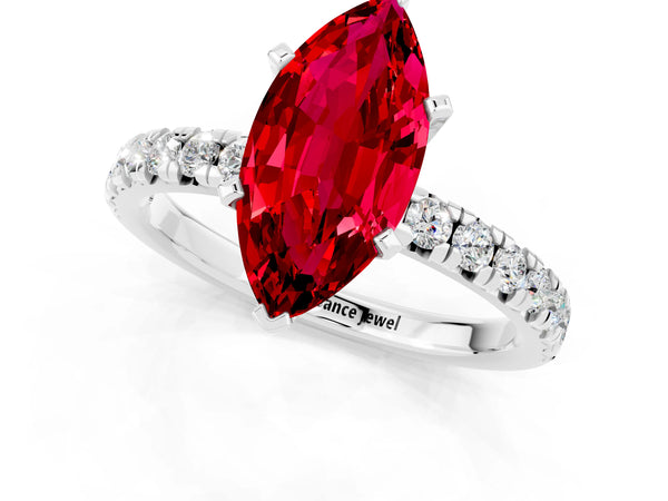 Platinum Marquise Cut Ruby Solitaire Pavé Engagement Ring with Round Band and Prong Setting