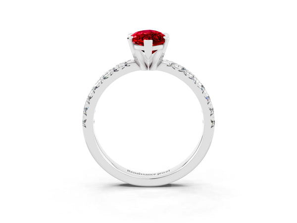 Platinum Marquise Cut Ruby Solitaire Pavé Engagement Ring with Round Band and Prong Setting