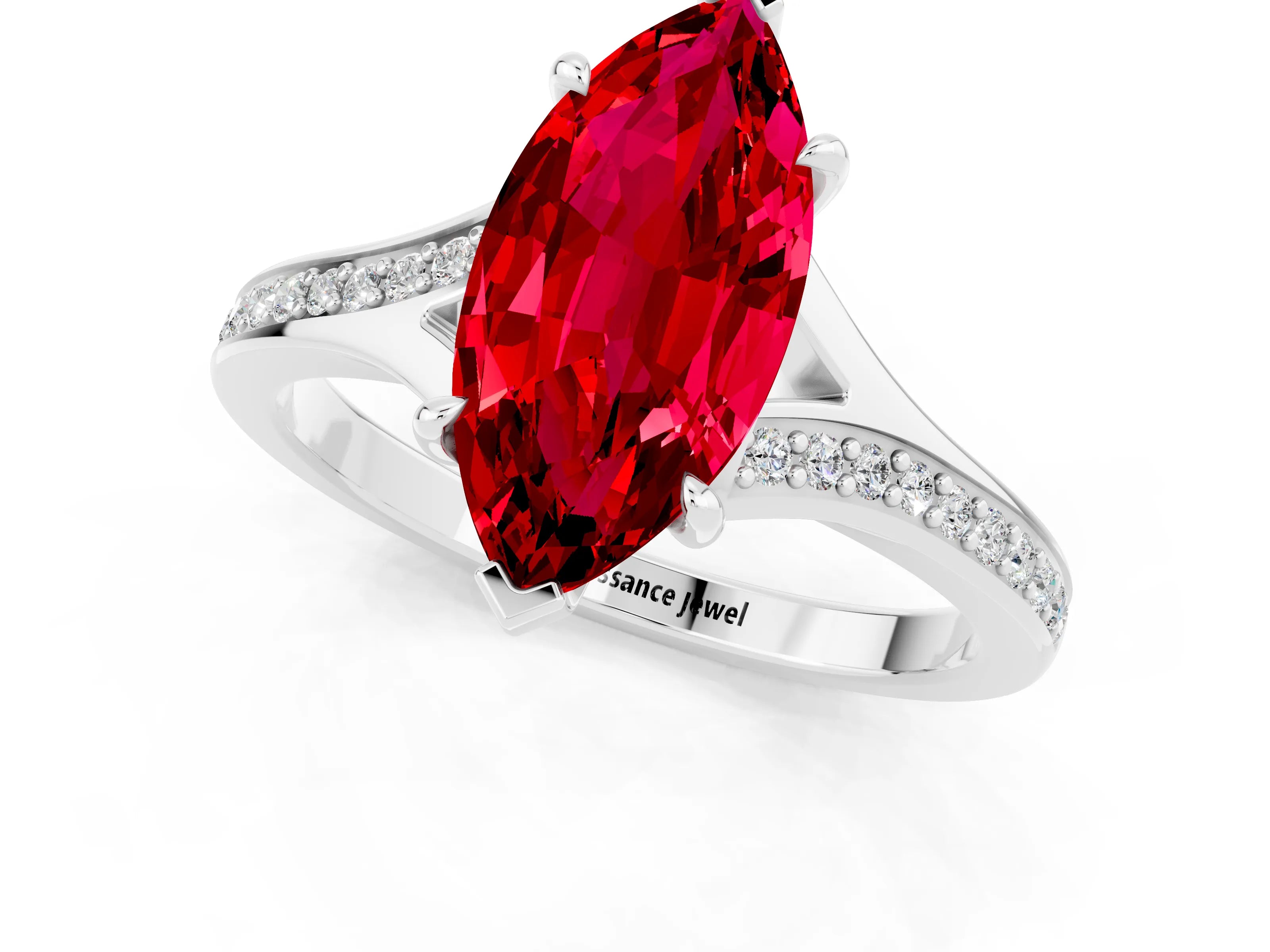 Platinum Marquise Cut Ruby Solitaire Ring with Pavé Band and Prong Setting_13