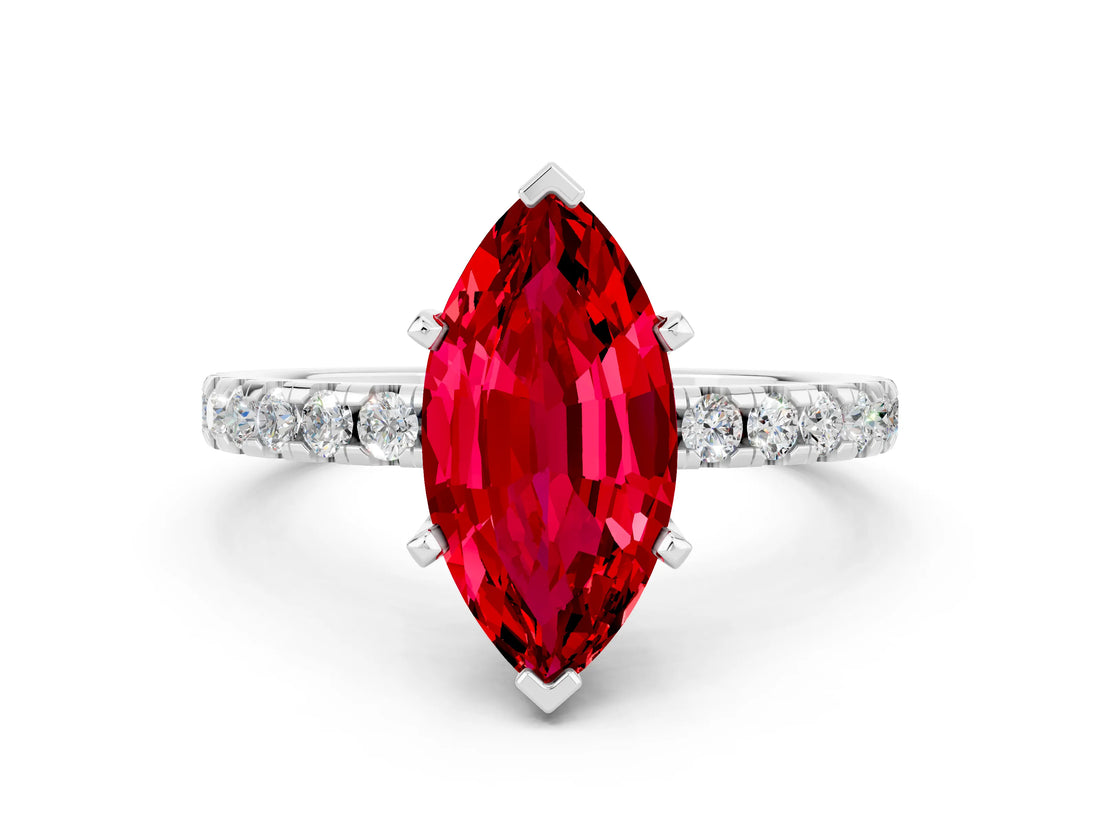 Platinum Marquise Cut Ruby Solitaire Ring with Round  Pavé Band and Four-Prong Setting_24