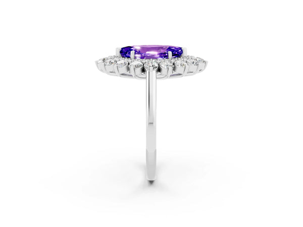 Platinum Marquise Cut Tanzanite Floral Double Halo Engagement Ring with Prong Setting