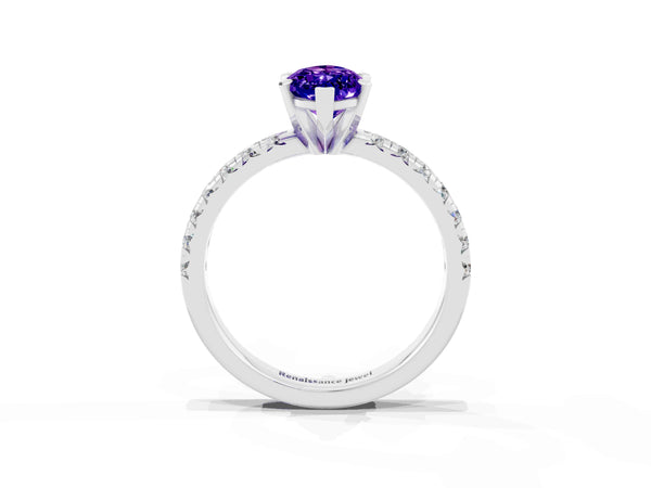 Platinum Marquise Cut Tanzanite Solitaire Pavé Engagement Ring with Round Band and Prong Setting