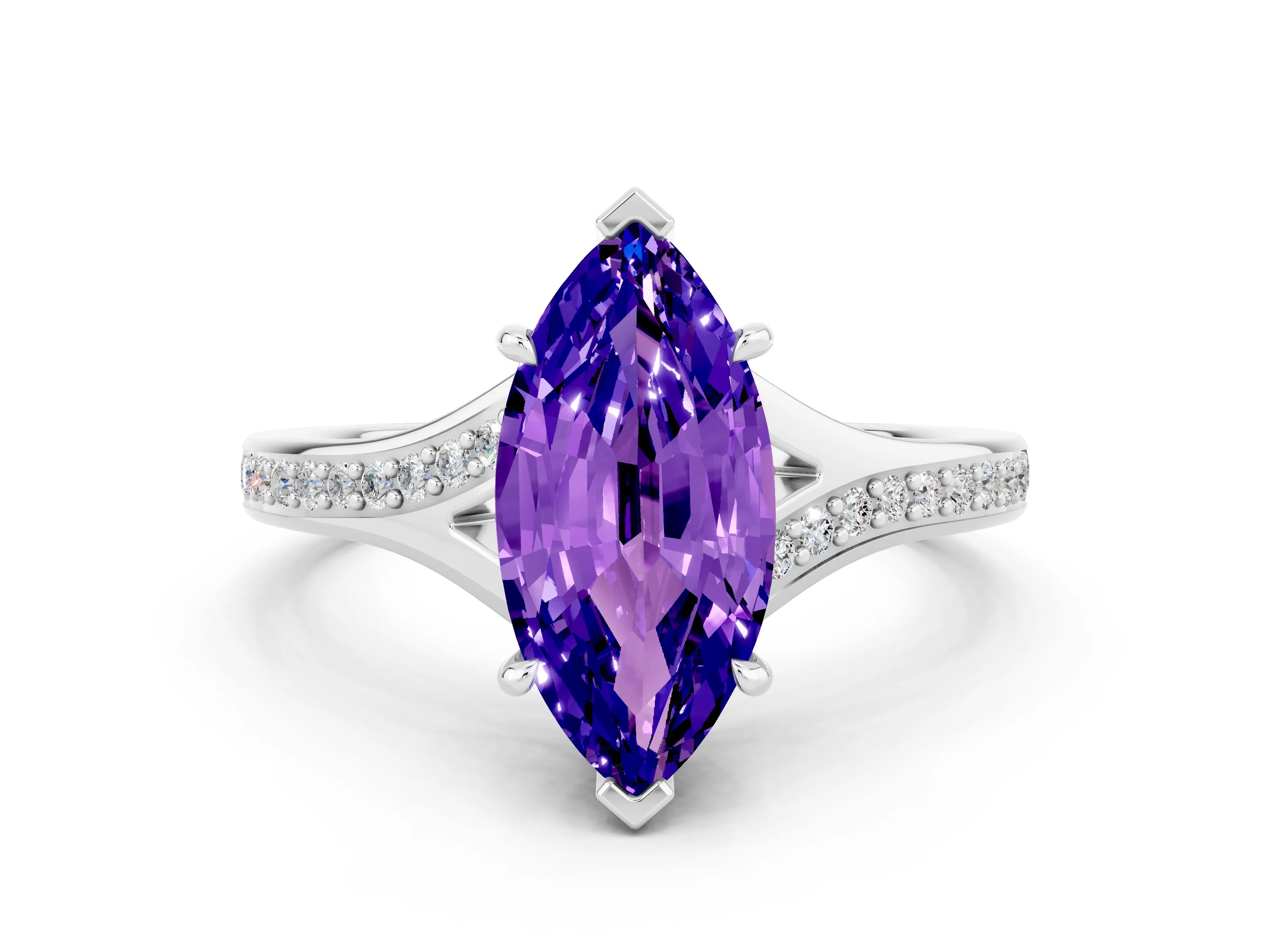 Platinum Marquise Cut Tanzanite Solitaire Ring with Pavé Band and Prong Setting_12