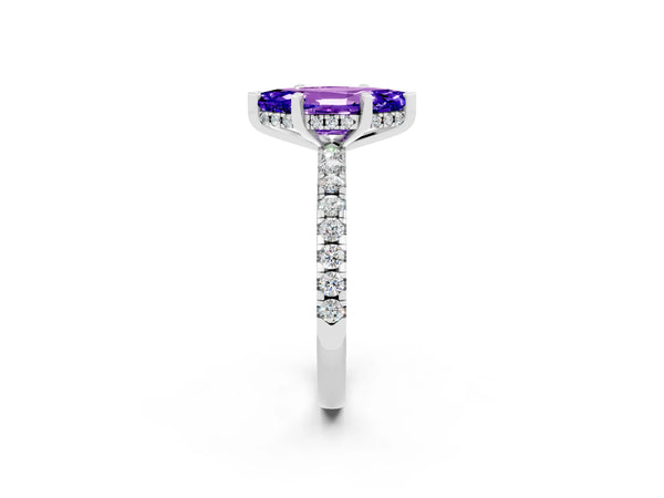 Platinum Marquise Cut Tanzanite Solitaire Ring with Round Pavé Band and Four-Prong Setting