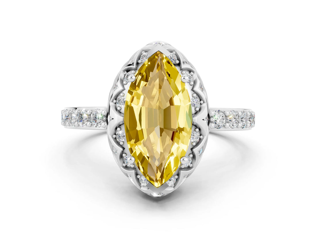 Platinum Marquise Cut Yellow Sapphire Scalloped Halo Engagement Ring with Round Shared Prong Band_60