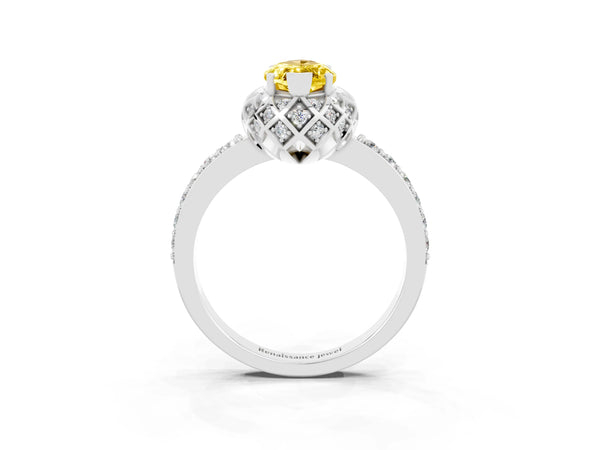 Platinum Marquise Cut Yellow Sapphire Scalloped Halo Engagement Ring with Round Shared Prong Band