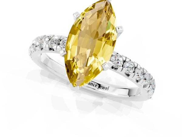 Platinum Marquise Cut Yellow Sapphire Solitaire Pavé Engagement Ring with Round Band and Prong Setting