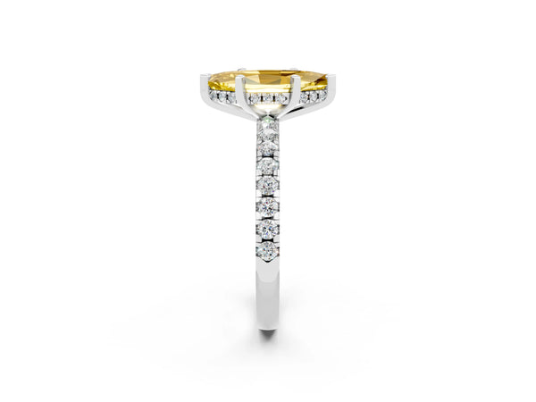 Platinum Marquise Cut Yellow Sapphire Solitaire Ring with Round Pavé Band and Four-Prong Setting