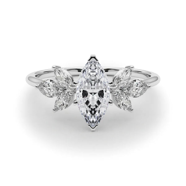 Platinum Marquise Diamond Floral Cluster Ring with Marquise Side Stones and Six-Prong Solitaire Setting