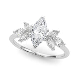 Platinum Marquise Diamond Floral Cluster Ring with Marquise Side Stones and Six-Prong Solitaire Setting