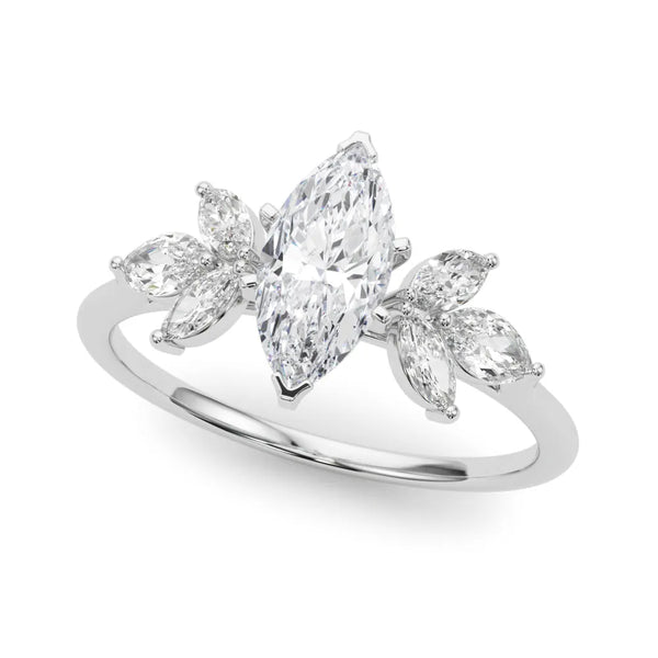 Platinum Marquise Diamond Floral Cluster Ring with Marquise Side Stones and Six-Prong Solitaire Setting
