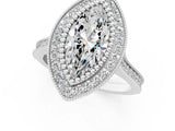 Platinum Marquise Diamond Halo Ring with Milgrain Frame and Pavé Band 1