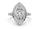 Platinum Marquise Halo Diamond Engagement Ring with Twisted Band and Four-Prong Setting