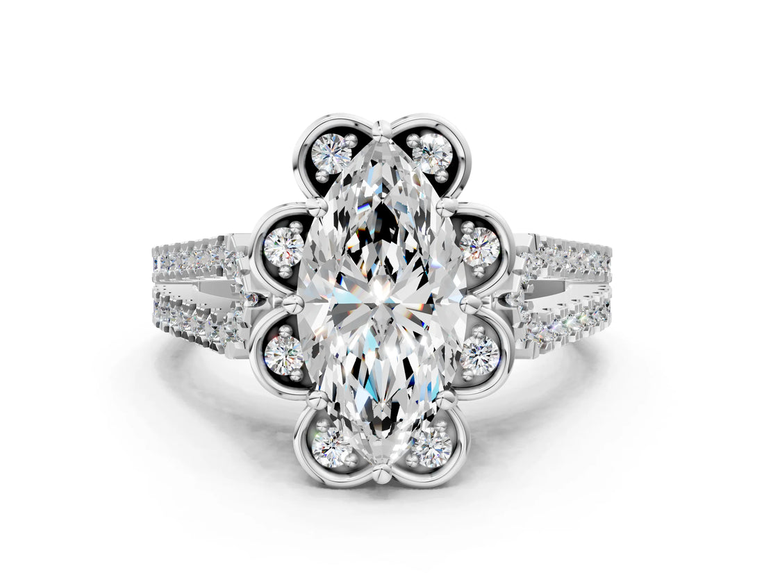 Platinum Marquise Halo Diamond Floral Split Shank Engagement Ring