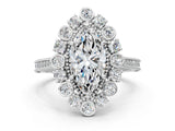 Platinum Marquise Halo Milgrain Pave Diamond Ring with Four-Prong Setting