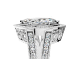 Platinum Marquise Halo Split Shank Diamond Ring with Milgrain Prong Setting_19