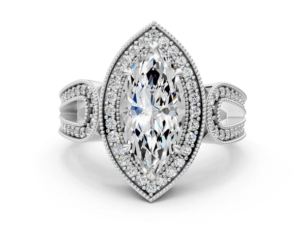 Platinum Marquise Vintage Milgrain Halo Engagement Ring Setting with Pave Loop Shoulders