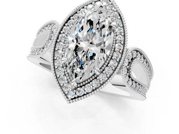 Platinum Marquise Vintage Milgrain Halo Engagement Ring Setting with Pave Loop Shoulders
