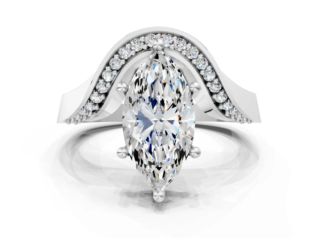 Platinum Marquise Solitaire Diamond Engagement Ring with Pave Band and Four-Prong Setting 1