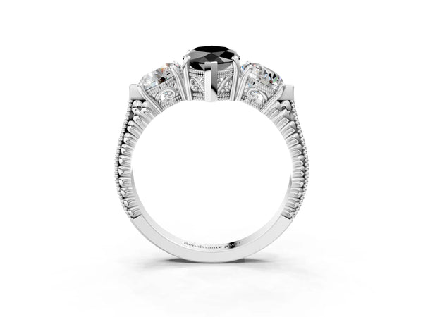 Platinum Marquise Vintage Three Stone Engagement Ring Setting for Black Center