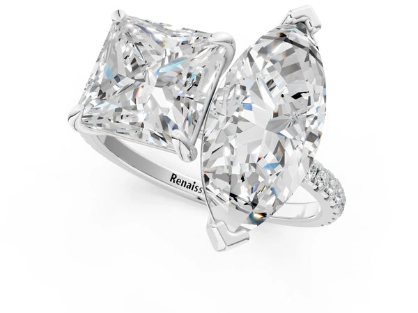 Platinum Marquise and Princess Toi Moi Ring with Prong Setting and Micro Pave Band
