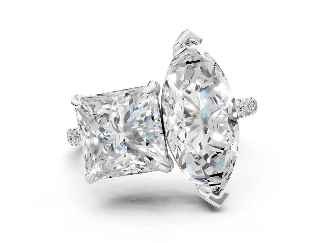 Platinum Marquise and Princess Toi Moi Ring with Prong Setting and Micro Pave Band