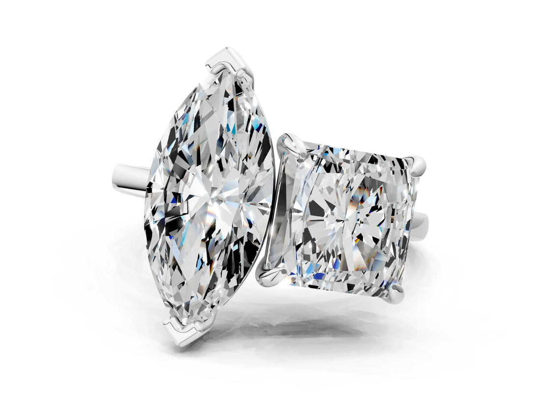 Platinum Marquise and Princess Toi Moi Ring with Prong Setting and Plain Band