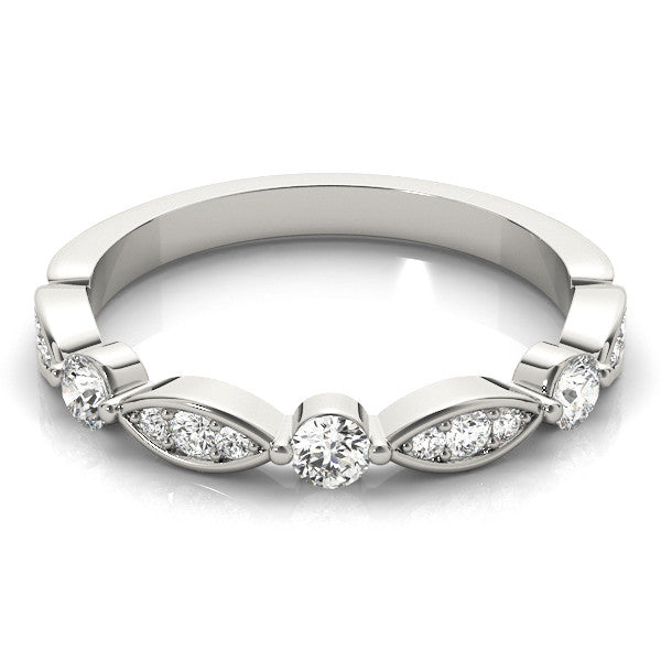 Platinum Marquise and Round Diamond Milgrain Band with Bezel Setting 2