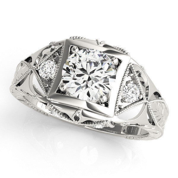 Platinum Milgrain Bezel Round-Cut Filigree Engagement Ring 1