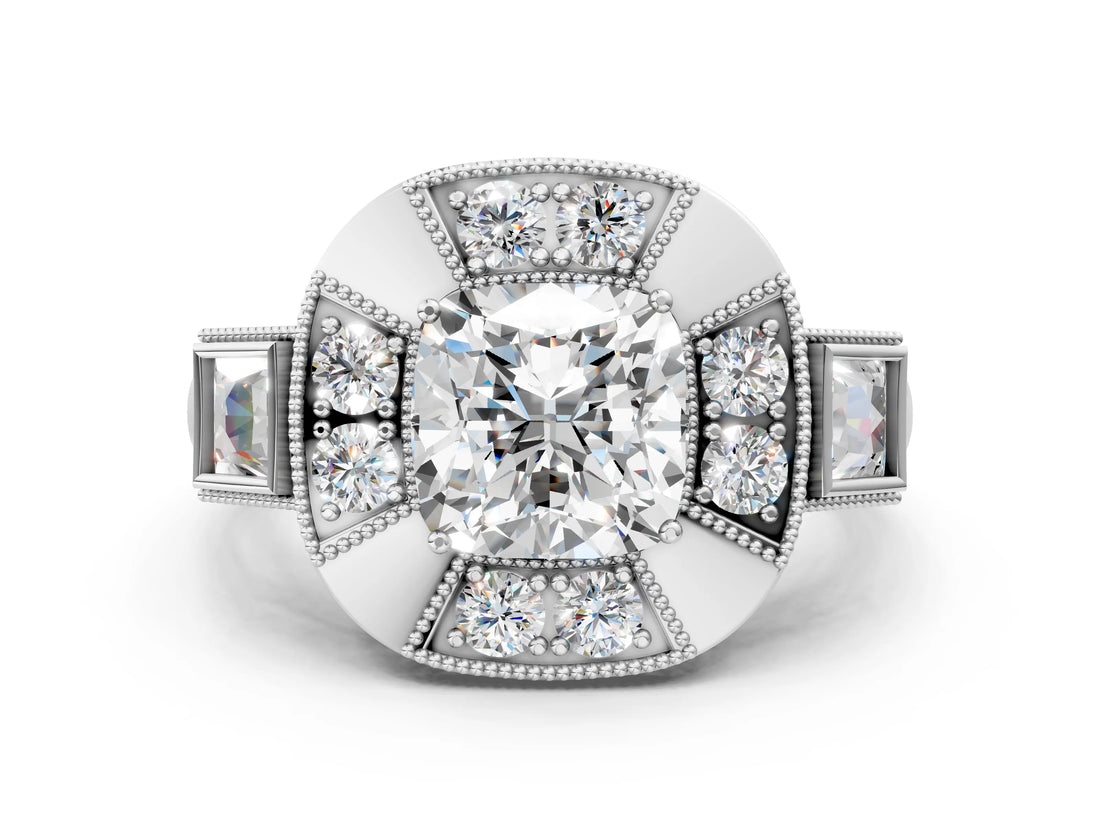Platinum Milgrain Cushion Cut Diamond Halo Split Shank Ring_12