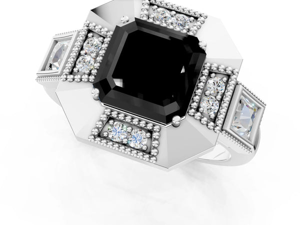 Platinum Asscher Cut Vintage Milgrain Halo Engagement Ring Setting for Black Center