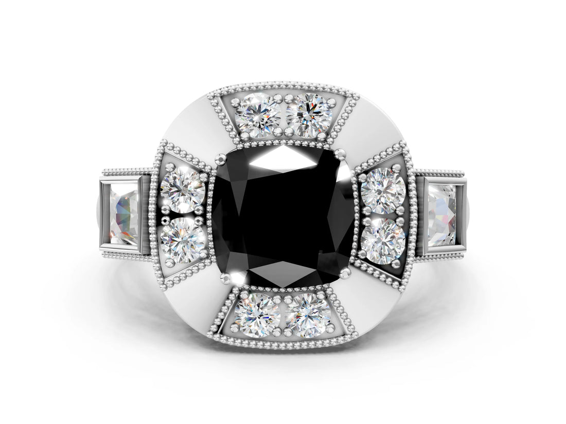 Platinum Milgrain Fancy Black Cushion Cut Diamond Halo Split Shank Ring_30
