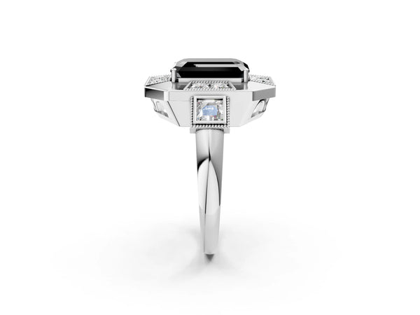 Platinum Emerald Cut Vintage Milgrain Halo Engagement Ring Setting for Black Center
