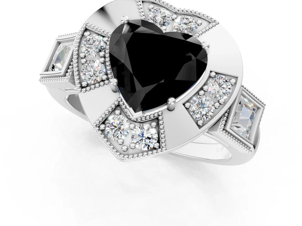 Platinum Heart-Shaped Vintage Milgrain Halo Engagement Ring Setting for Black Center